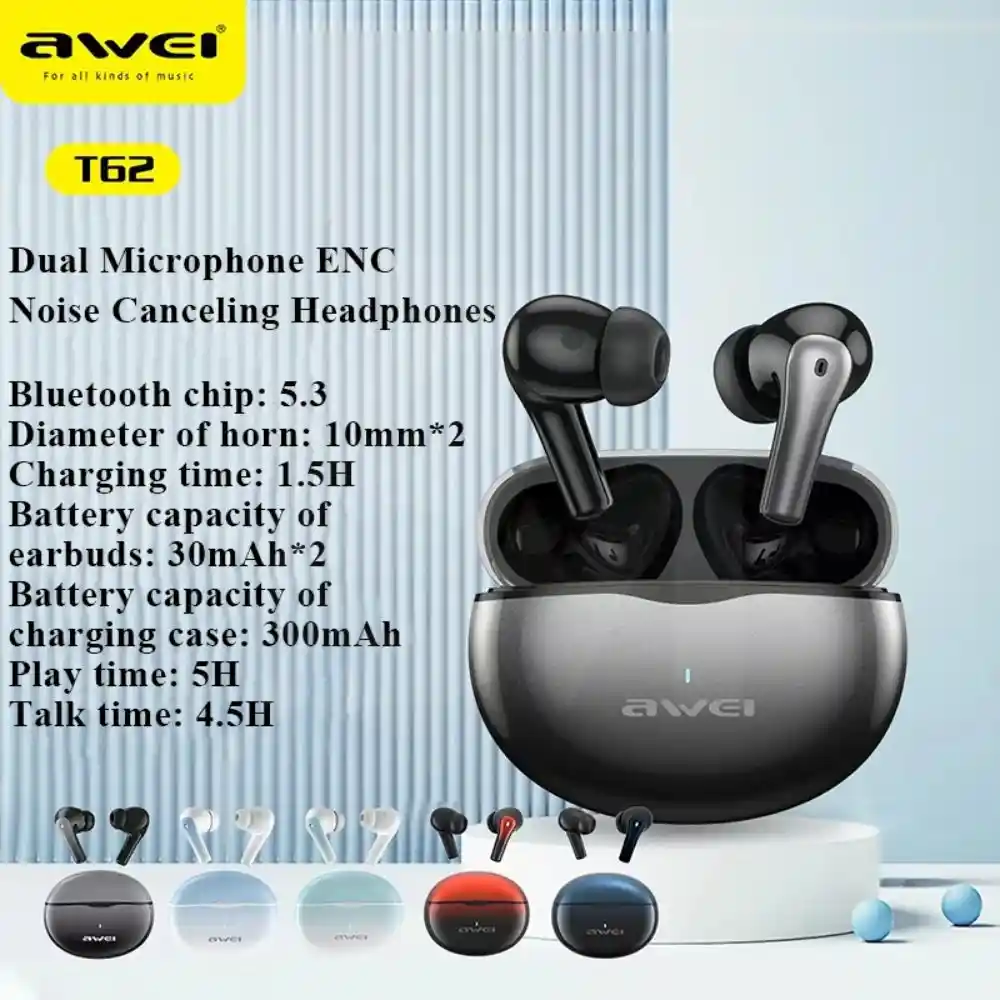 Awei T62 4 Mic ENC Earphones Bluetooth 5.3 Earbuds 