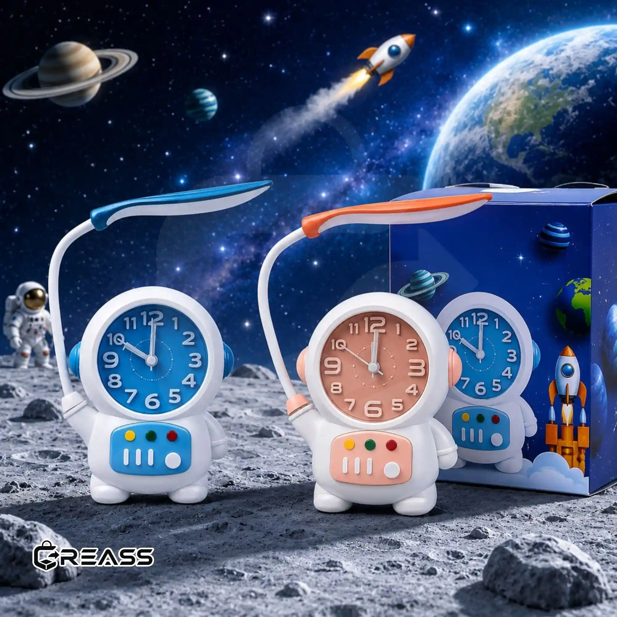 Astronaut desk lamp with alarm clock